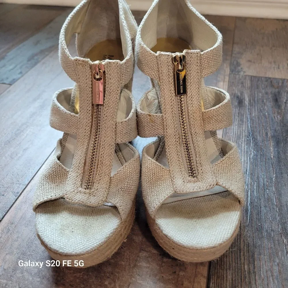 Michael Kors Wedge Sandals – Neutral Linen Fabric 7.5 SB9